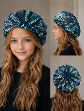 Sequin Beret for Kids - Teal Blue Sparkle